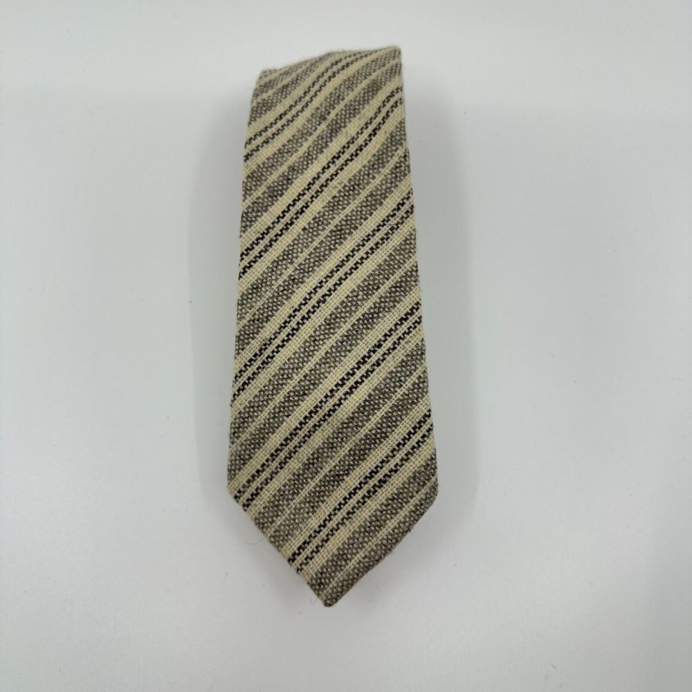 Vintage‎ Woolmark Necktie Mens Beige Striped Tweed Pure Wool Indie Boho Wedding